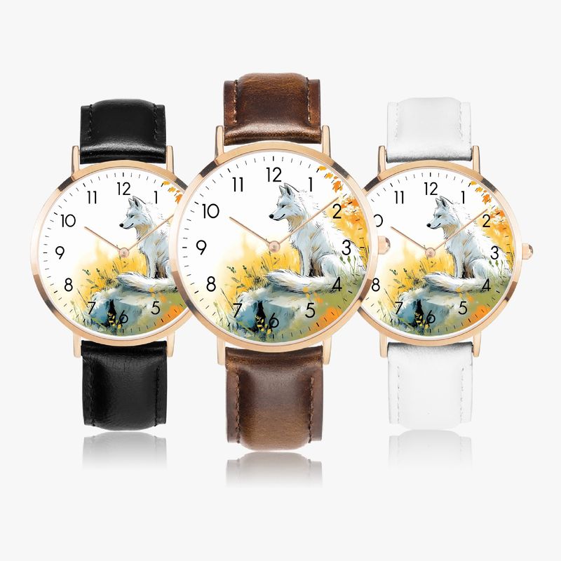 Wolf motif leather watch rose gold
