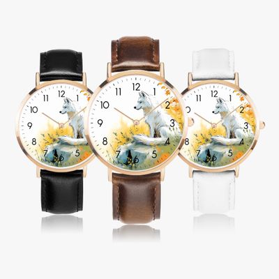 Wolf-Motiv Leder-Armbanduhr Rosegold
