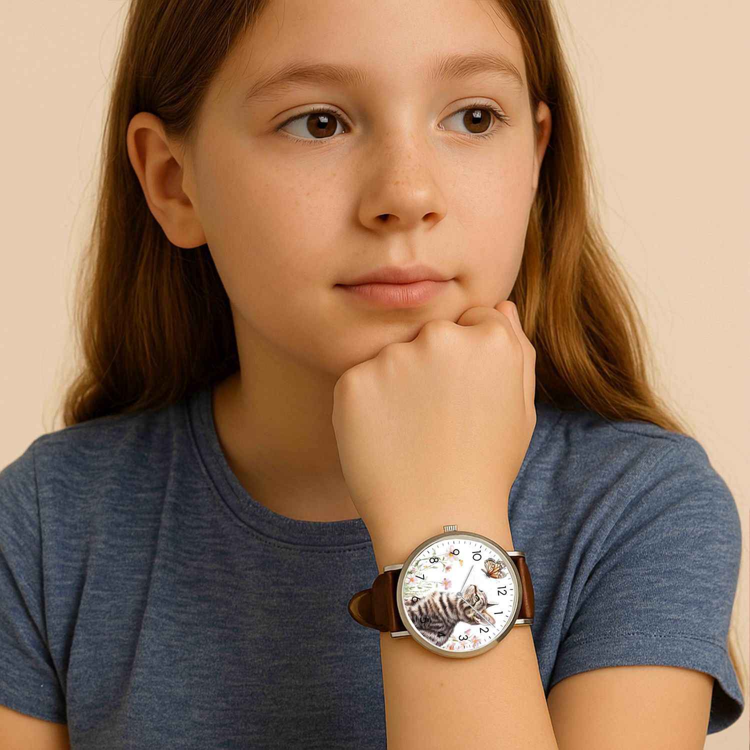 Cat Design Leather Watch Silver