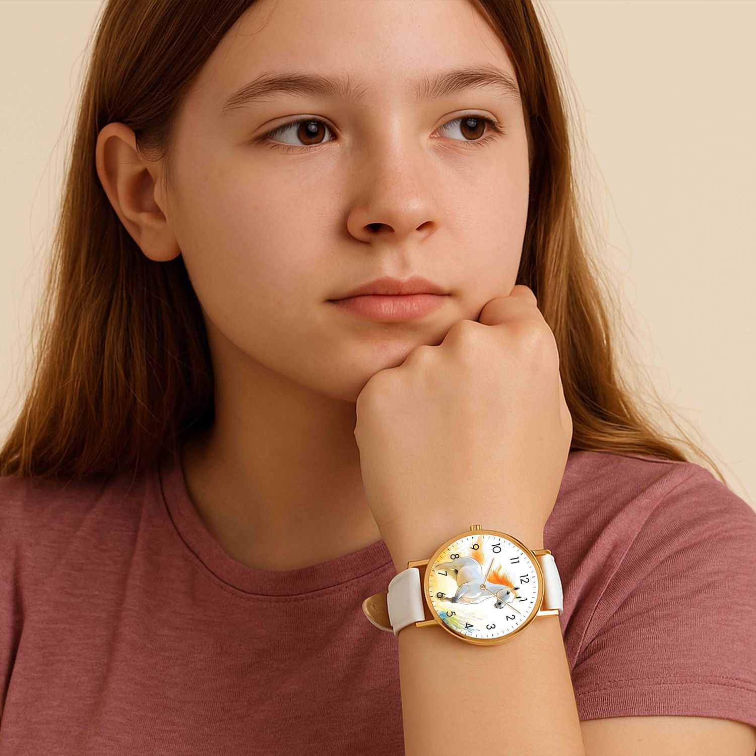 Horse motif leather wristwatch rose gold