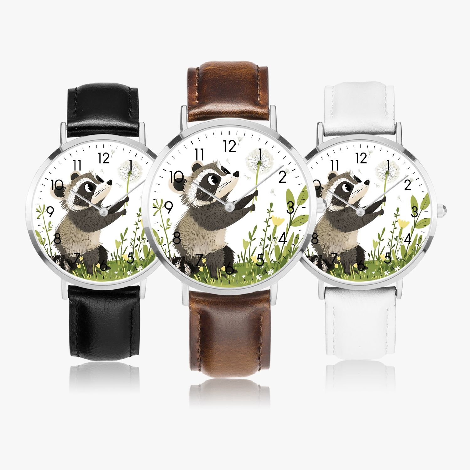 Raccoon with Dandelion Leather Watch Silver