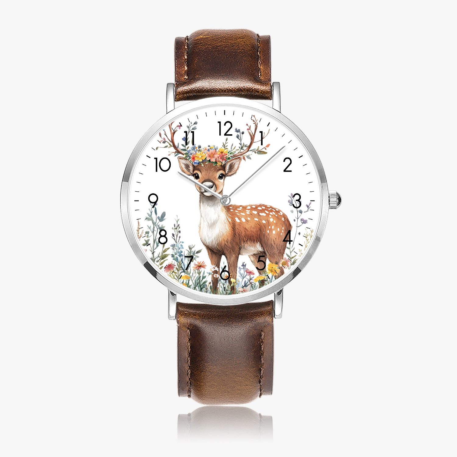 Floral Deer Motif Leather Watch Silver