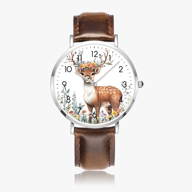 Floral Deer Motif Leather Watch Silver