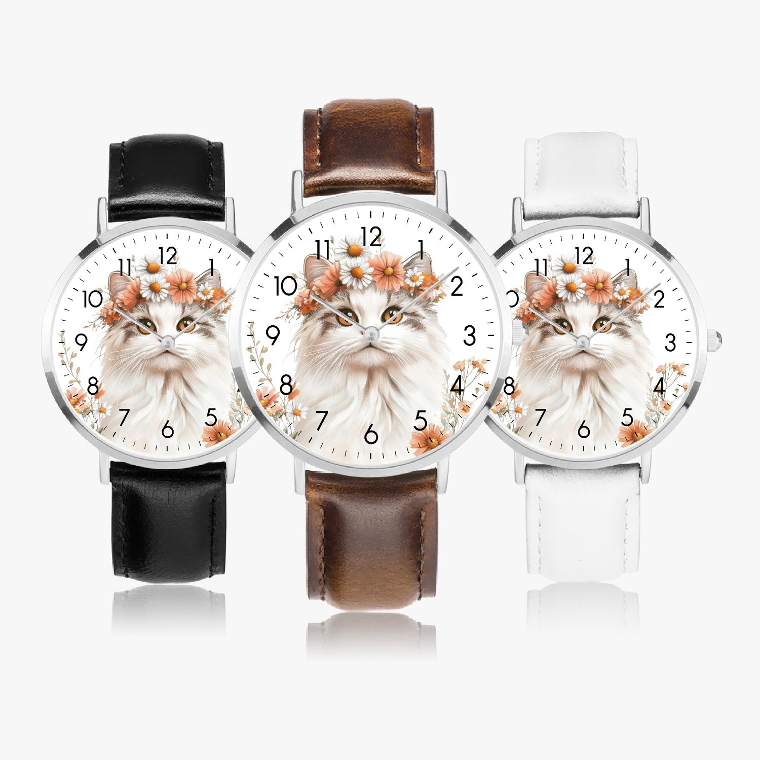 Floral Cat Motif Leather Watch Silver