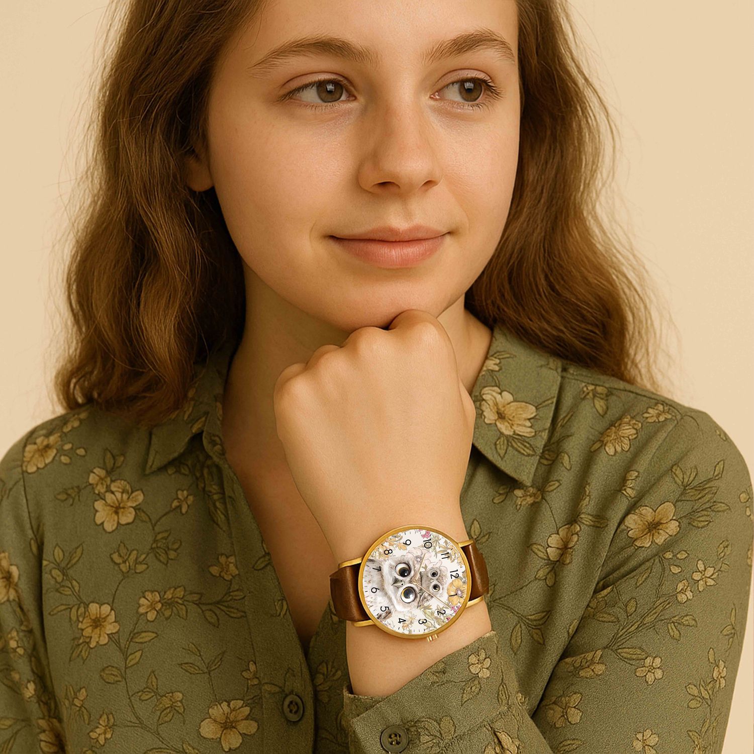 Floral owl motif leather watch rose gold