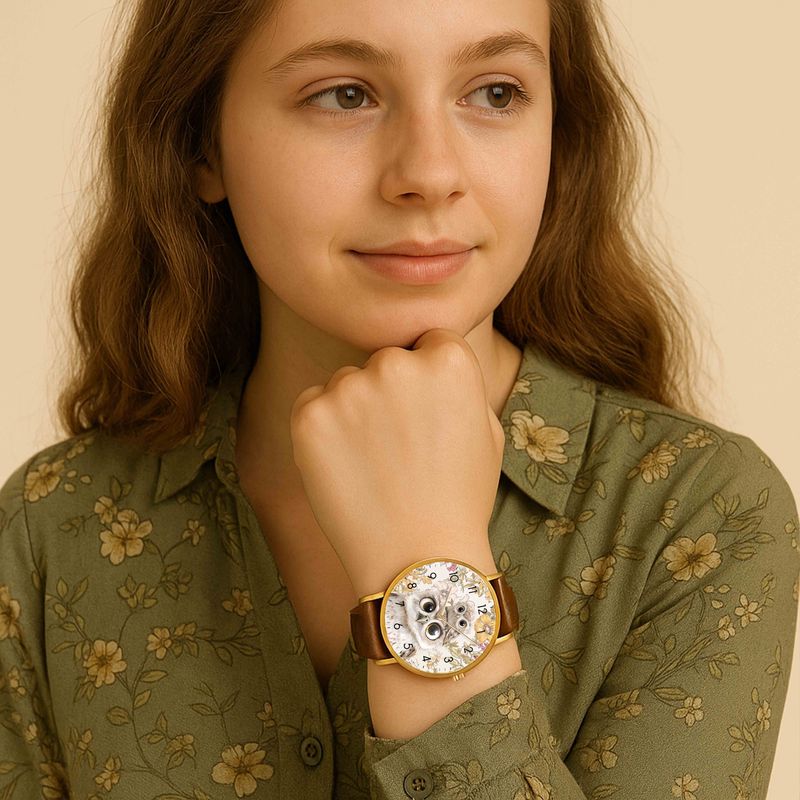 Floral owl motif leather watch rose gold