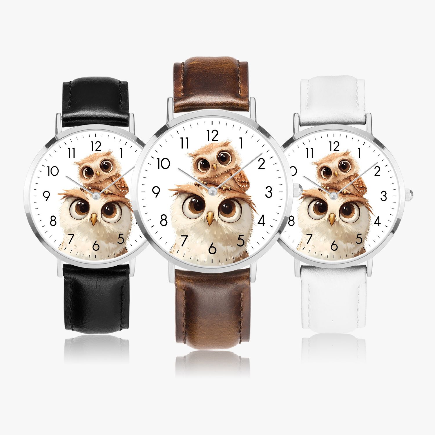 Owl motif leather wristwatch silver