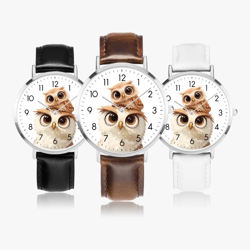 Owl motif leather wristwatch silver