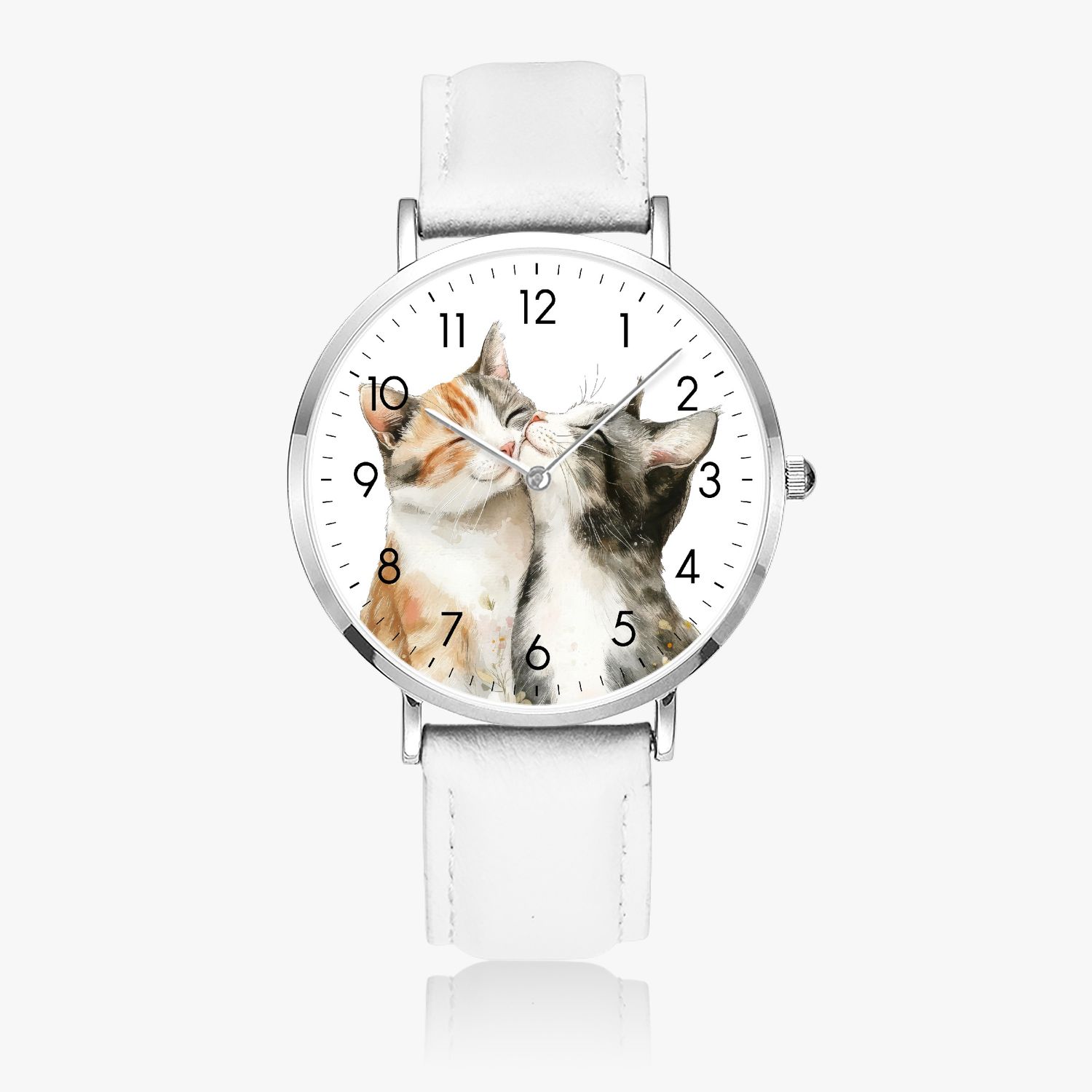 Cuddly Cat Motif Leather Watch Silver
