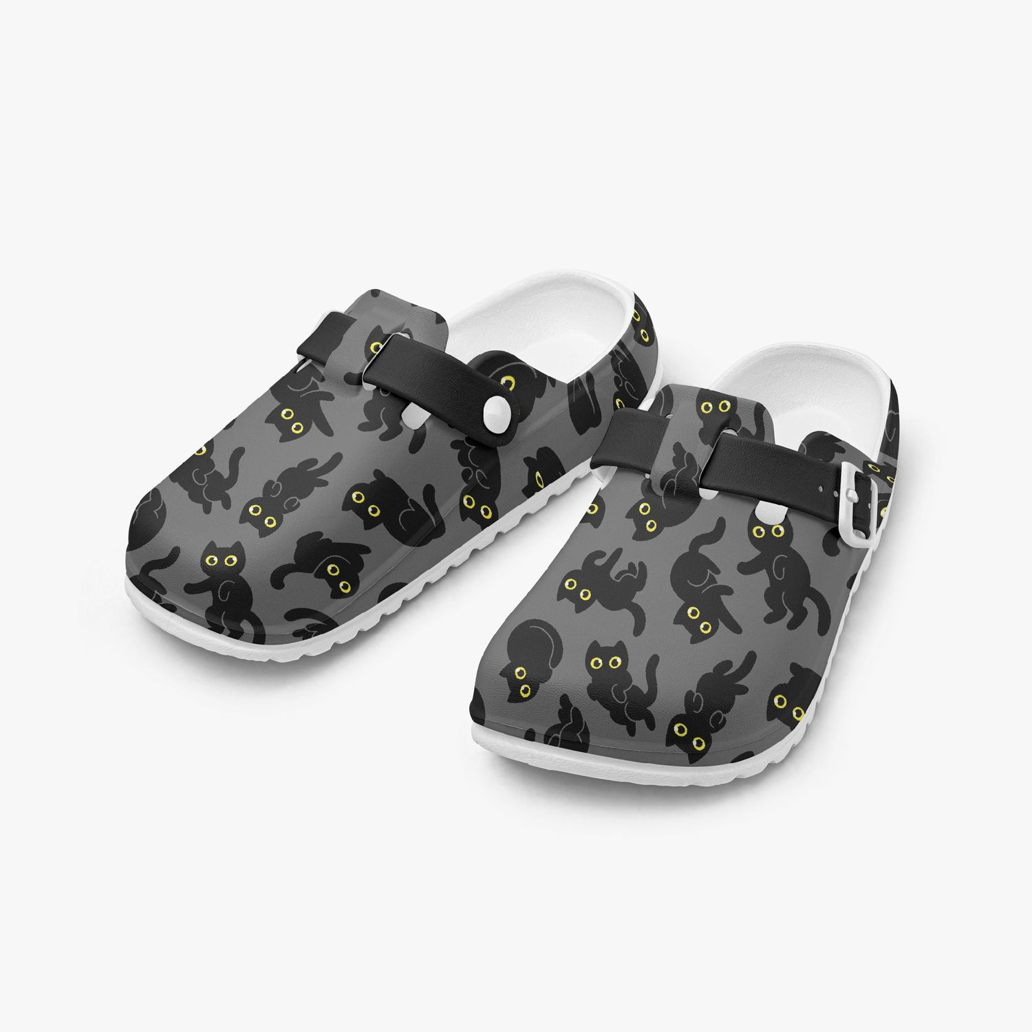 Closed Clogs Grey - Black Cartoon Cats