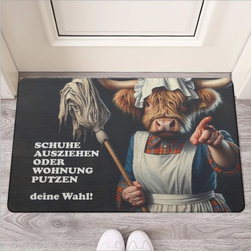 Cow in cleaning outfit doormat &quot;Take off your shoes or clean the apartment – your choice!&quot;
