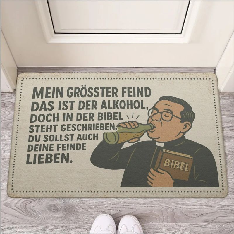 Funny Bible and Alcohol Doormat &quot;My greatest enemy is alcohol...&quot;