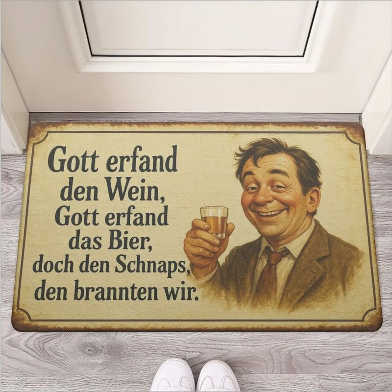 Funny doormat “God invented wine, God invented beer…”
