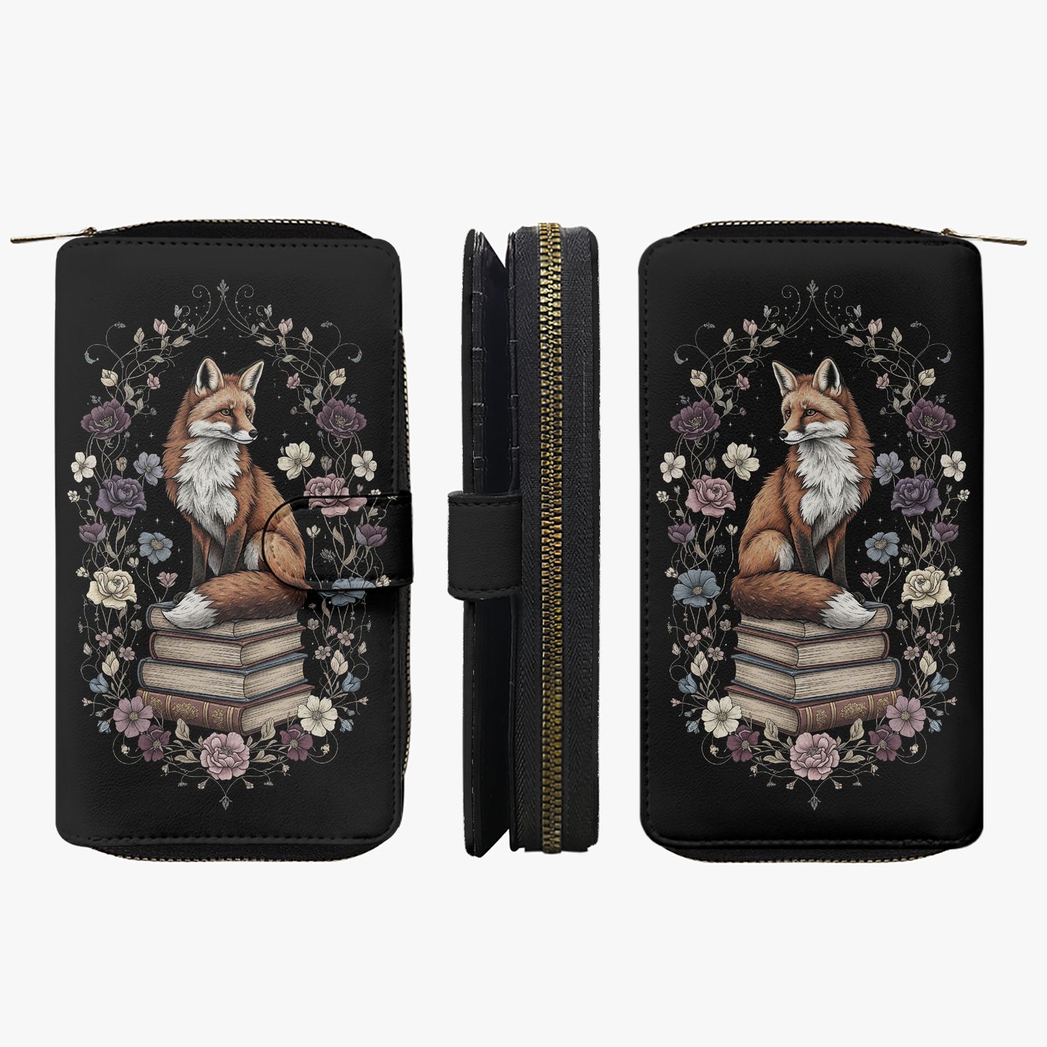 Large Black Wallet Fox and Books