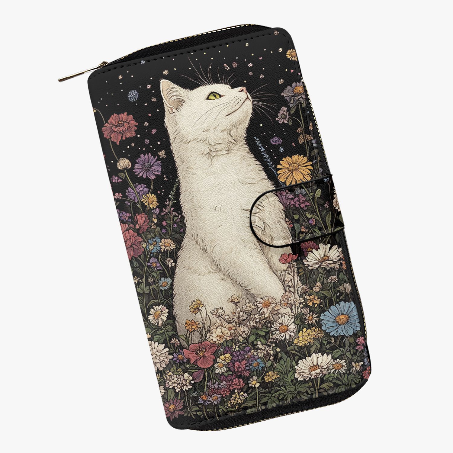 Large Black Wallet Floral White Cat