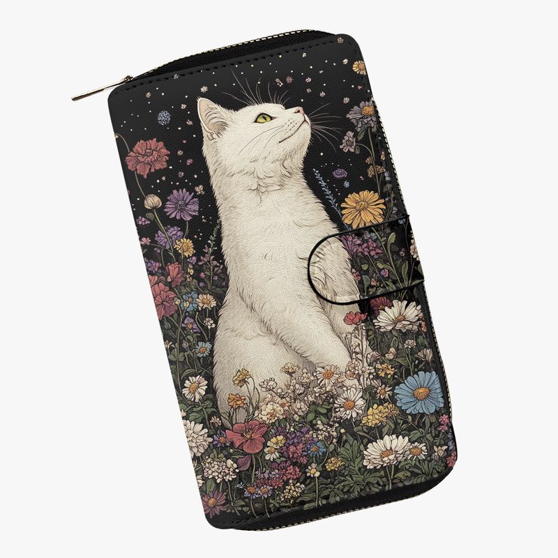 Large Black Wallet Floral White Cat