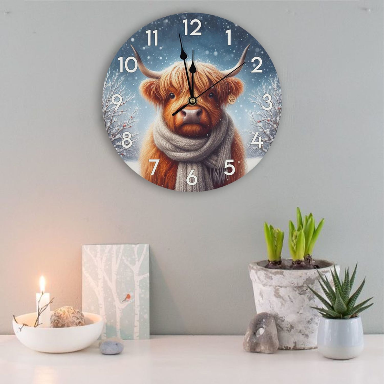 Wall clock Winter Magic – Highland cow with scarf