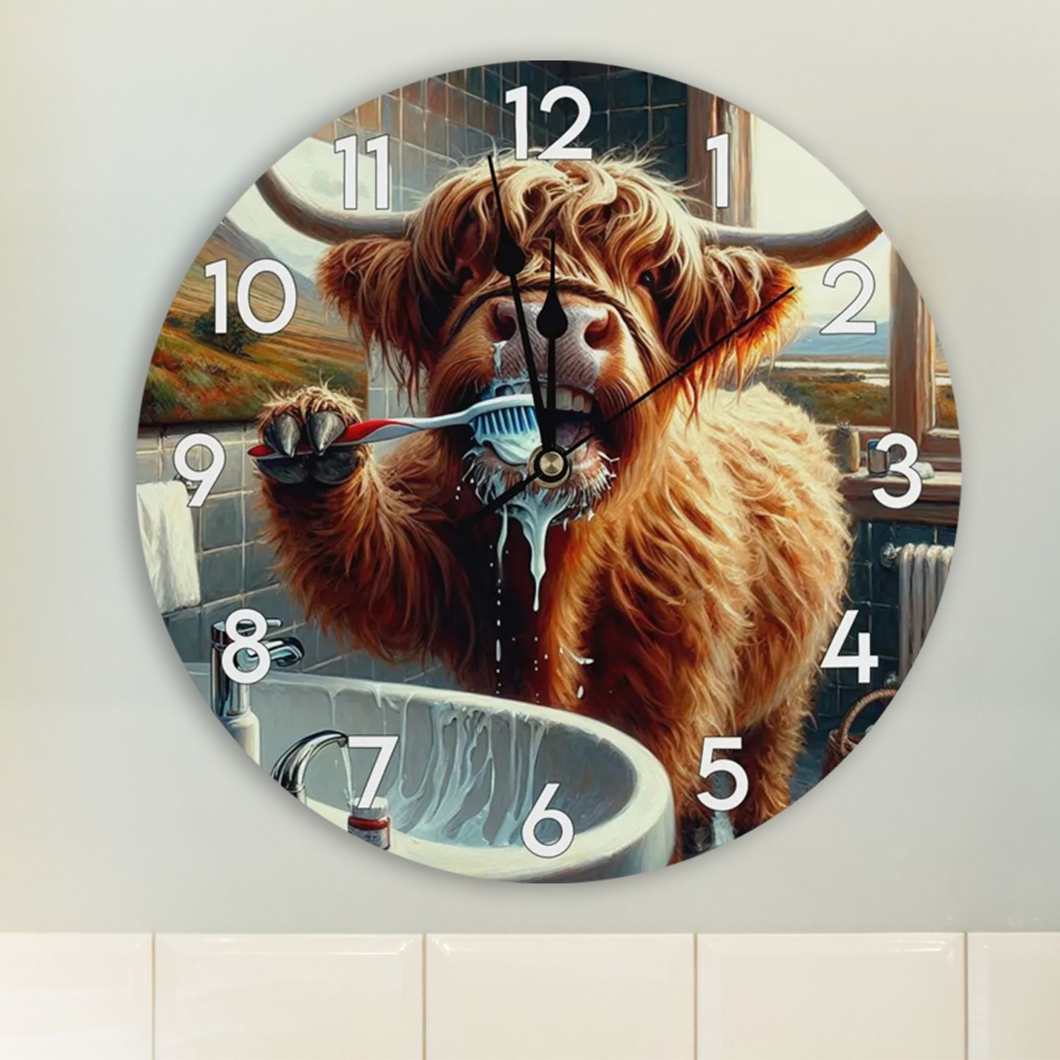 Wall clock “Highland Morning” – Funny cow brushing teeth