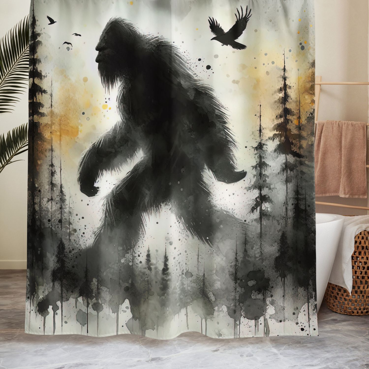 “Mystical Bigfoot” – Stylish forest design shower curtain