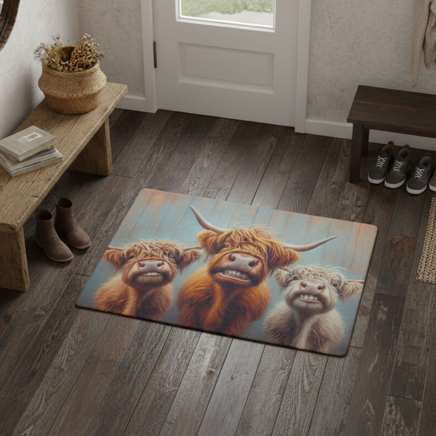 Funny doormat with a Highland cow motif
