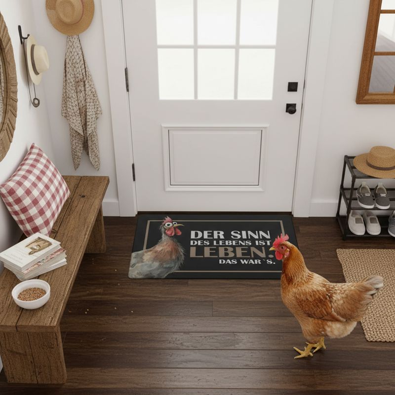 Funny Rooster Doormat &quot;The meaning of life is - living. That&#39;s it.&quot;
