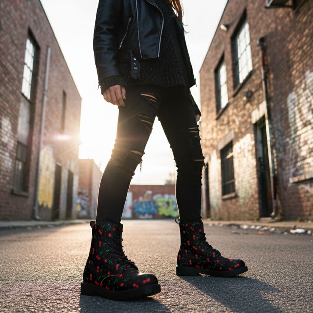 Black leather boots with cherry pattern
