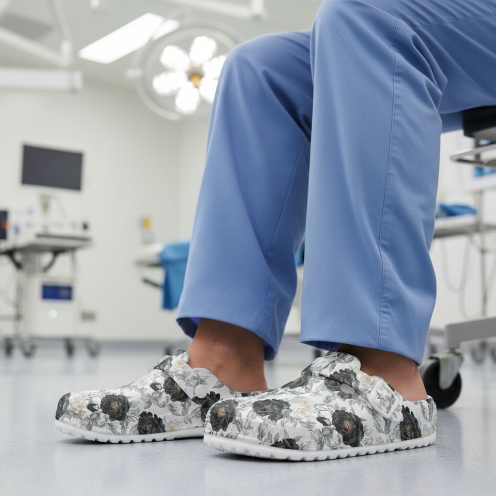 Closed clogs - floral pattern in black and cream