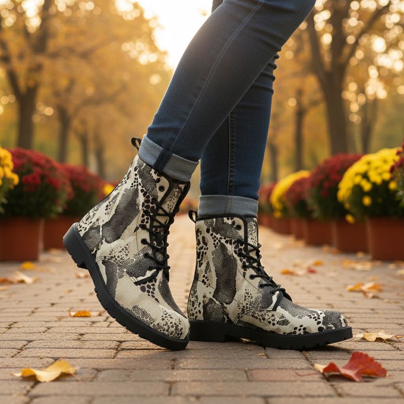 Beige-Schwarz Lederstiefel Animal Print