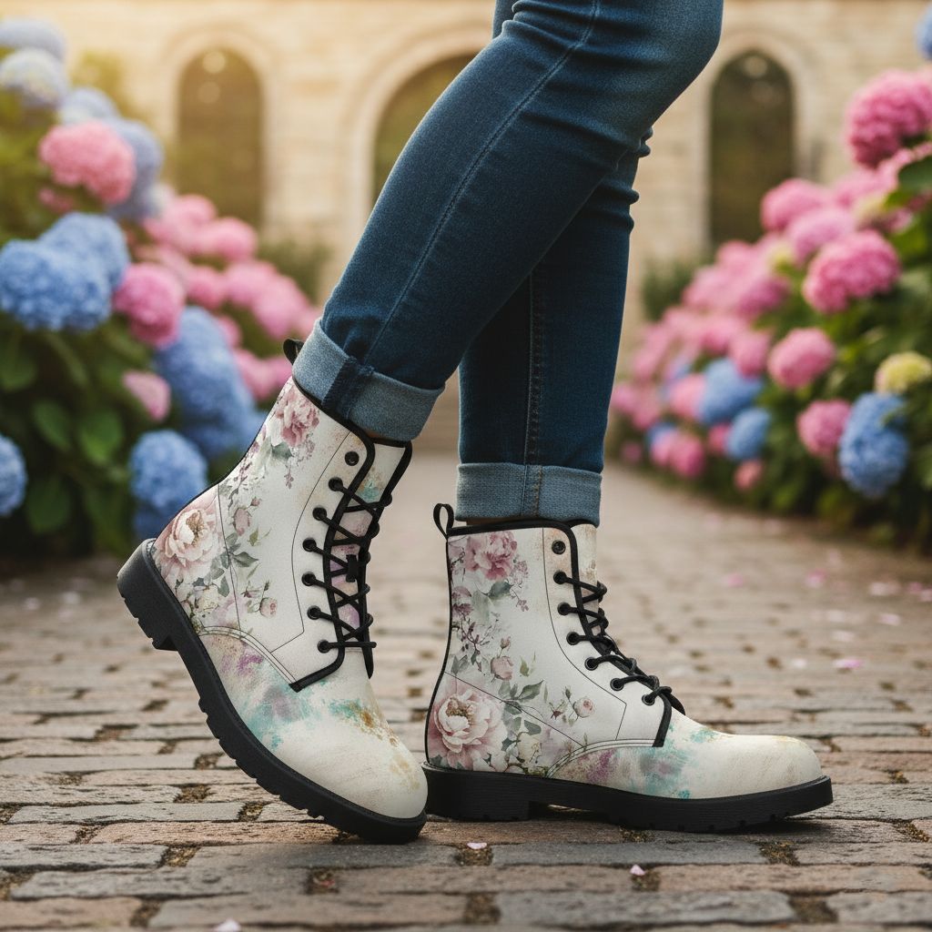Cremefarbene Florale Lederstiefel - Romantic Blossom