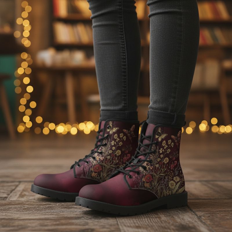 Bordeaux Lederstiefel „Botanical Dream“ mit Blumen &amp; Schmetterlingen