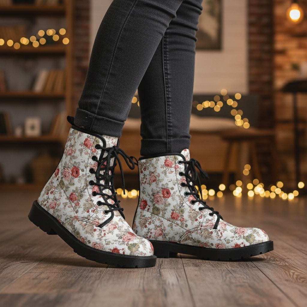 Weiße Florale Lederstiefel - Vintage Rose Garden