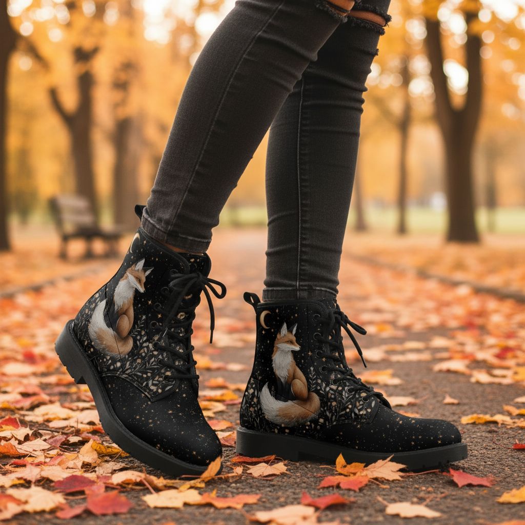 Black leather boots “Moonfox” with fox &amp; starry sky