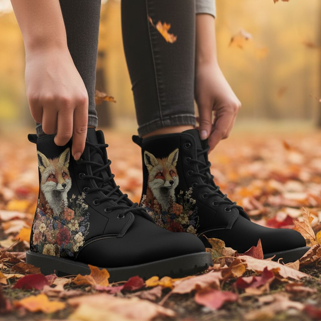 Black leather boots “Floral Fox” with fox &amp; flower motif