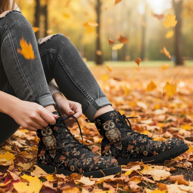Schwarze Lederstiefel „Autumn Owl“ mit Eule und Pilzen