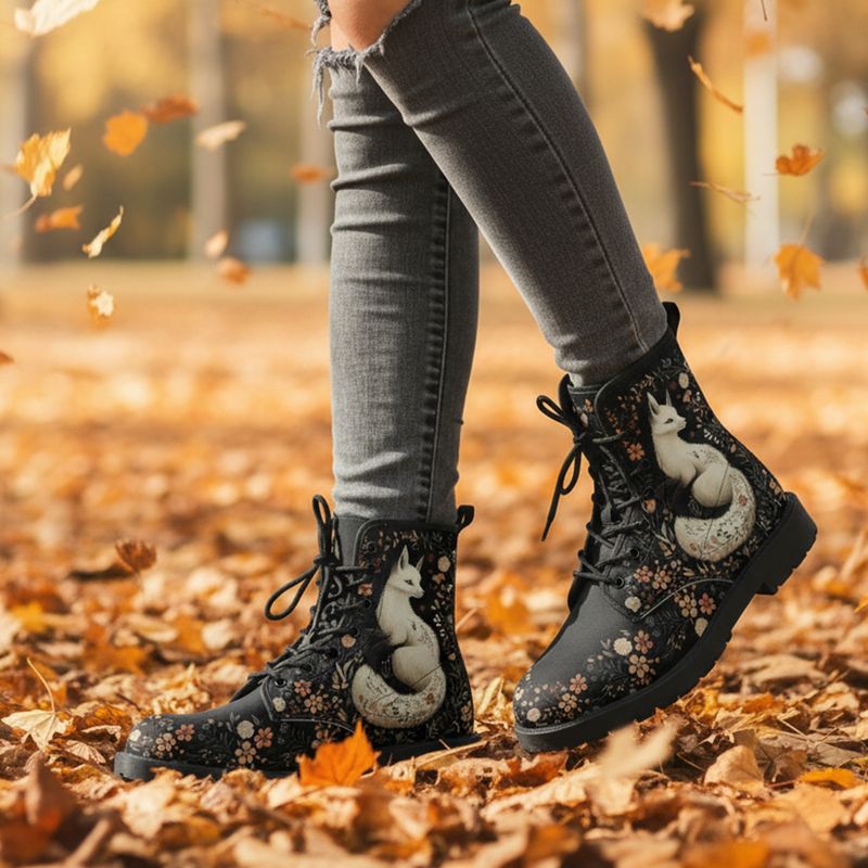 Schwarze Lederstiefel „Mystic Fox“ mit Fuchs &amp; Blumen