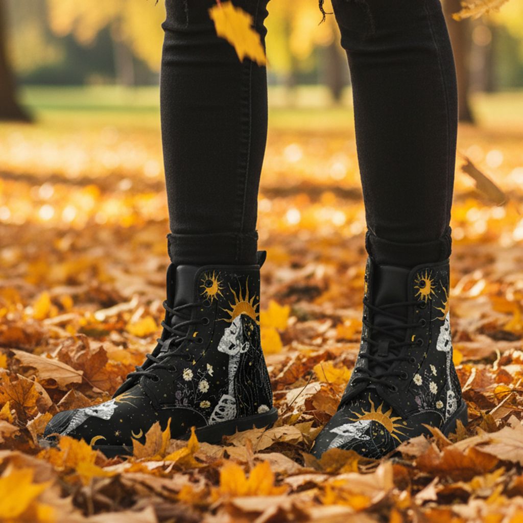 Sonnen- &amp; Mondmotiv Lederstiefel - Celestial Bloom