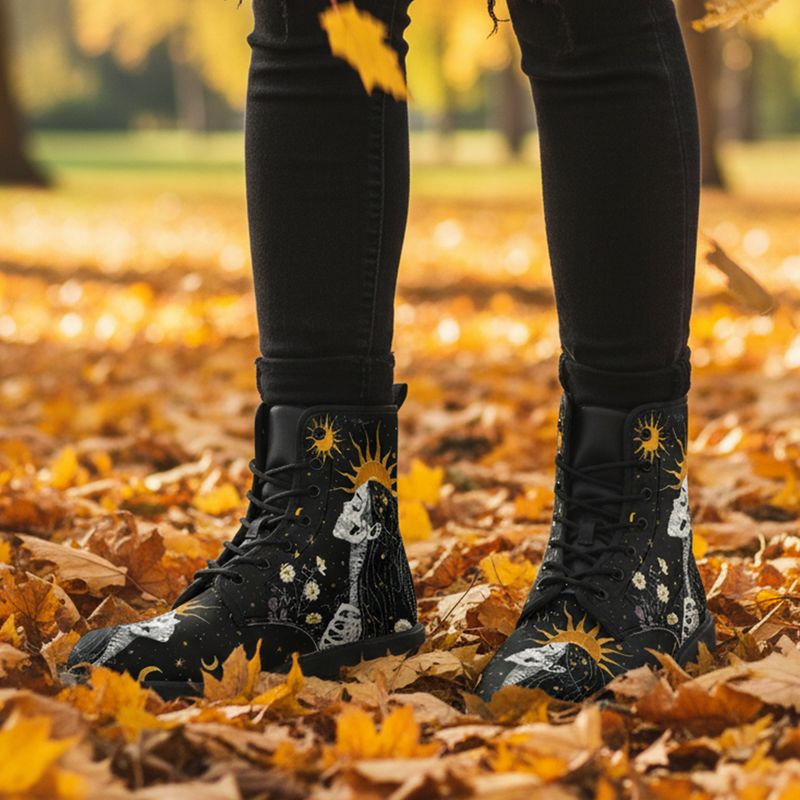 Sonnen- &amp; Mondmotiv Lederstiefel - Celestial Bloom