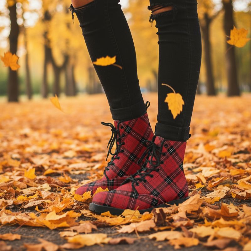 Tartan Pattern Red Leather Boots - Scottish Spirit