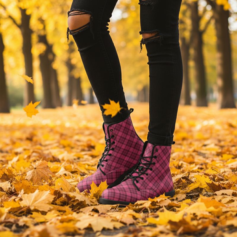 Pink tartan design leather boots - Pink Rebel