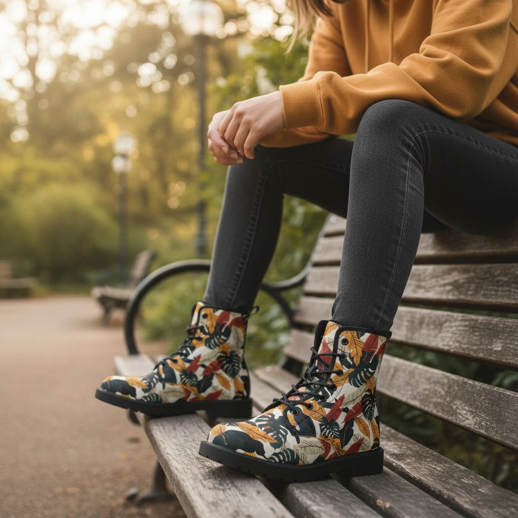 Tropical leaves leather boots