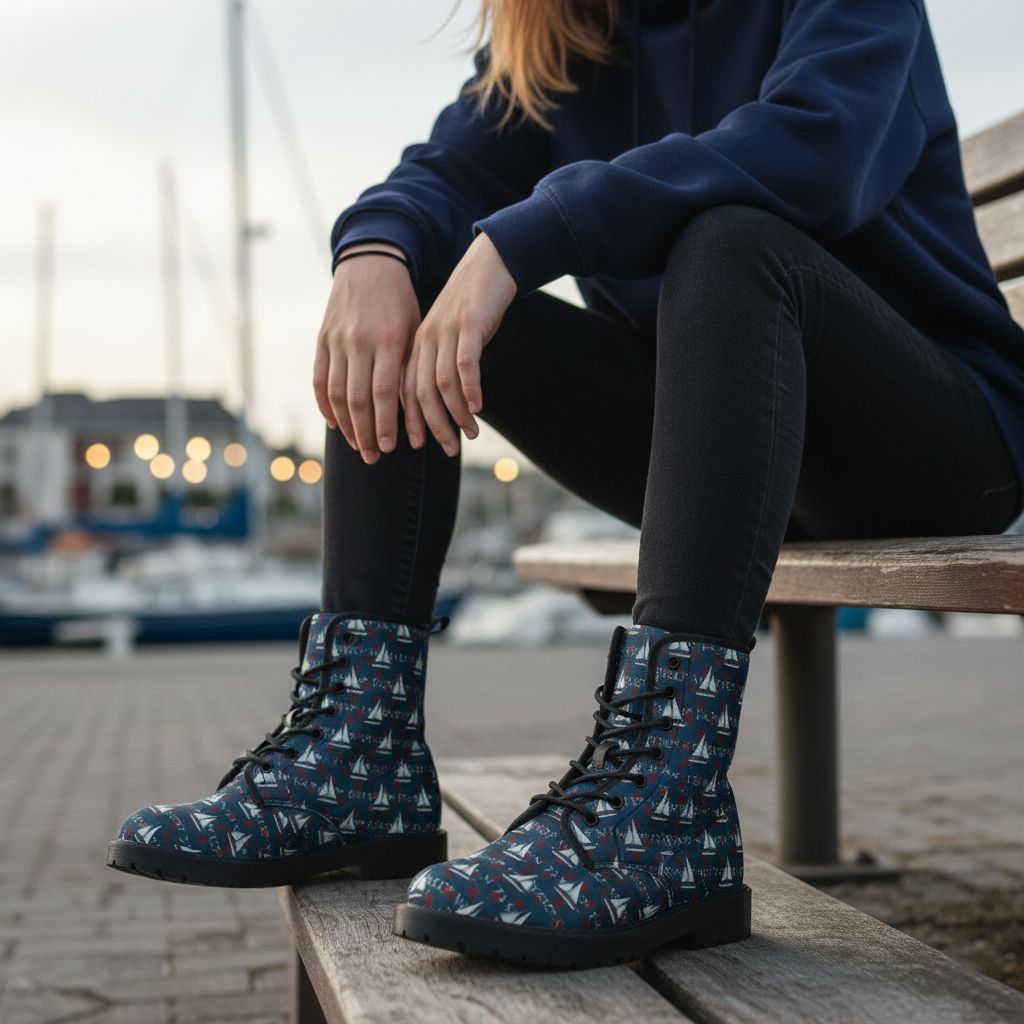 Maritime leather boots with sailboat print &amp; coordinates