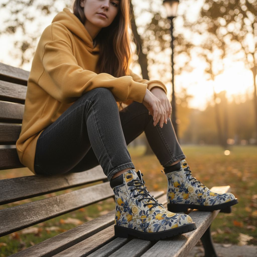 Vintage style lemon pattern leather boots