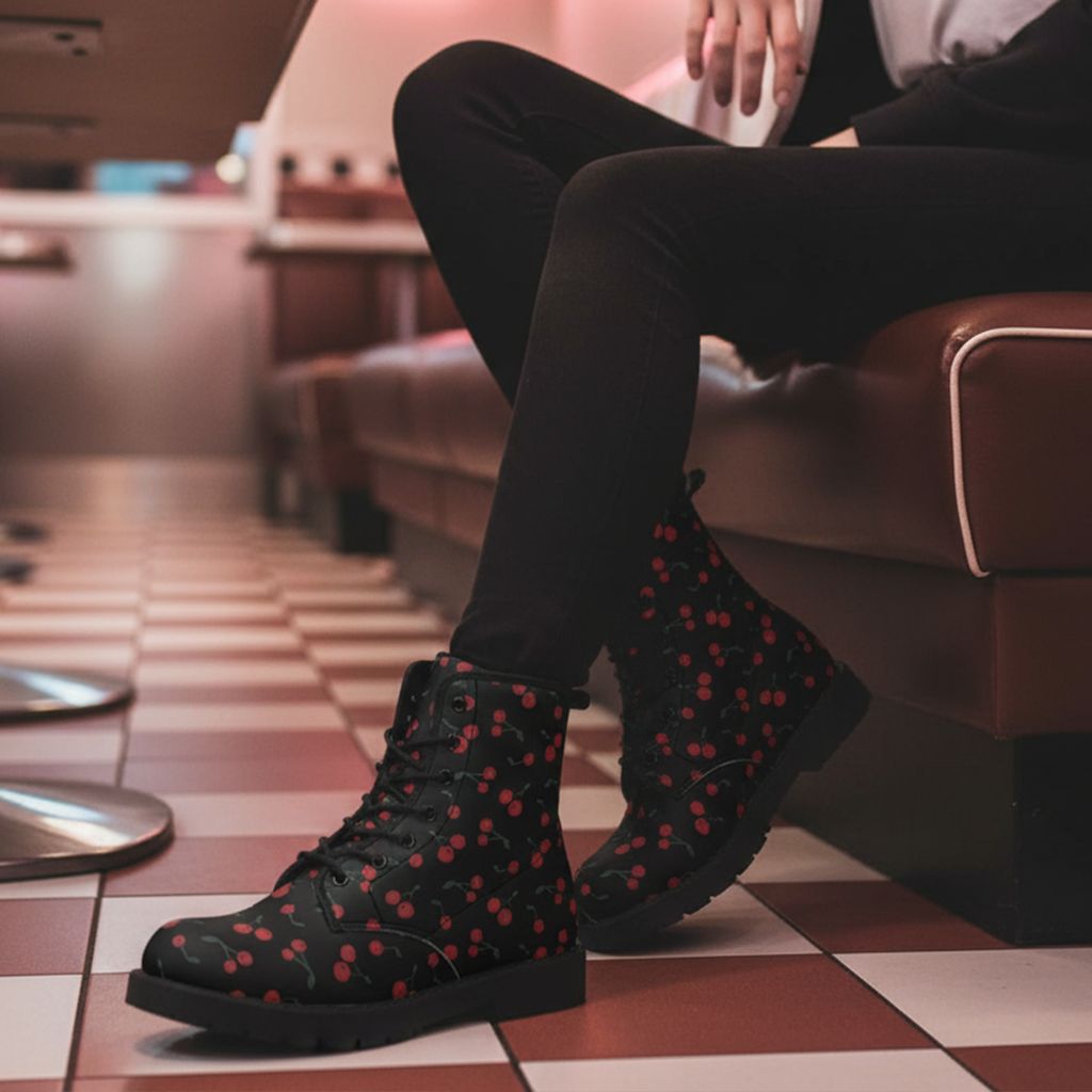 Black - Red Cherry Leather Boots