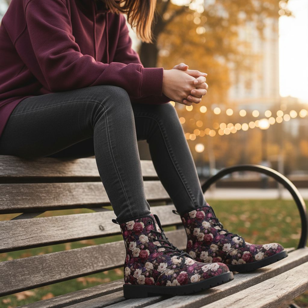 Black - Burgundy rose pattern leather boots