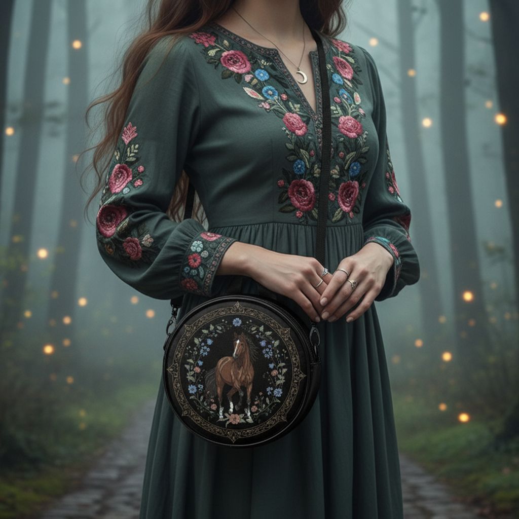 Horse motif &amp; floral frame all-round bag Wild Heart