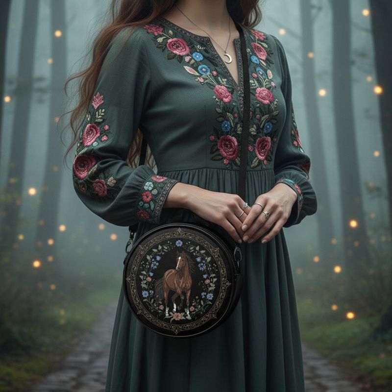 Horse motif &amp; floral frame all-round bag Wild Heart