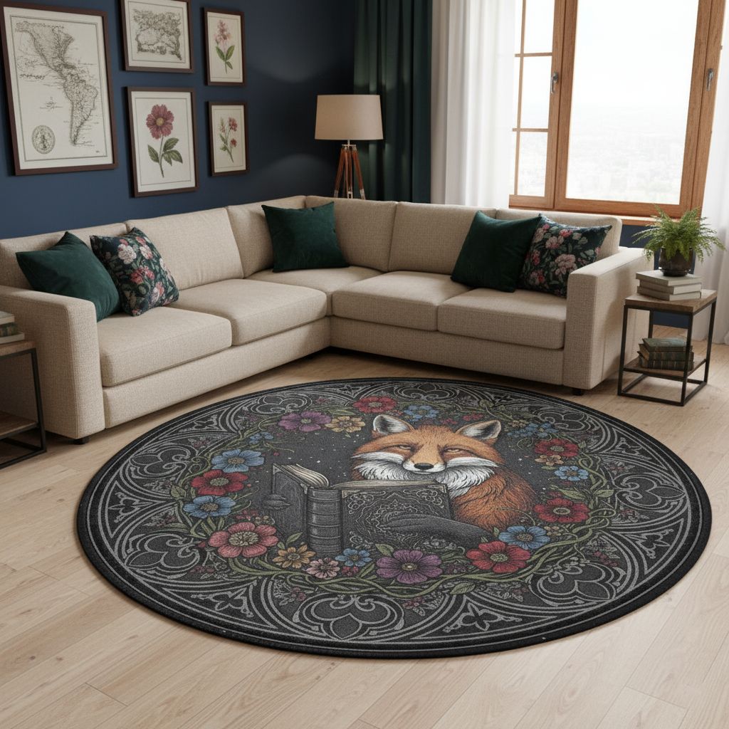 Round rug with fox and flower motif