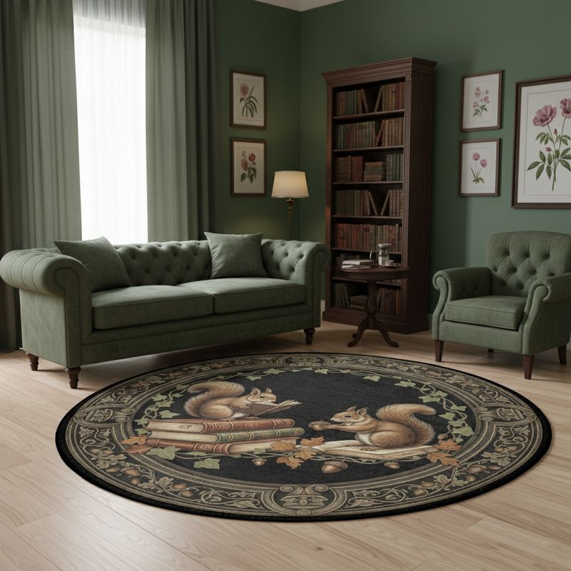 Round rug with squirrel &amp; book design