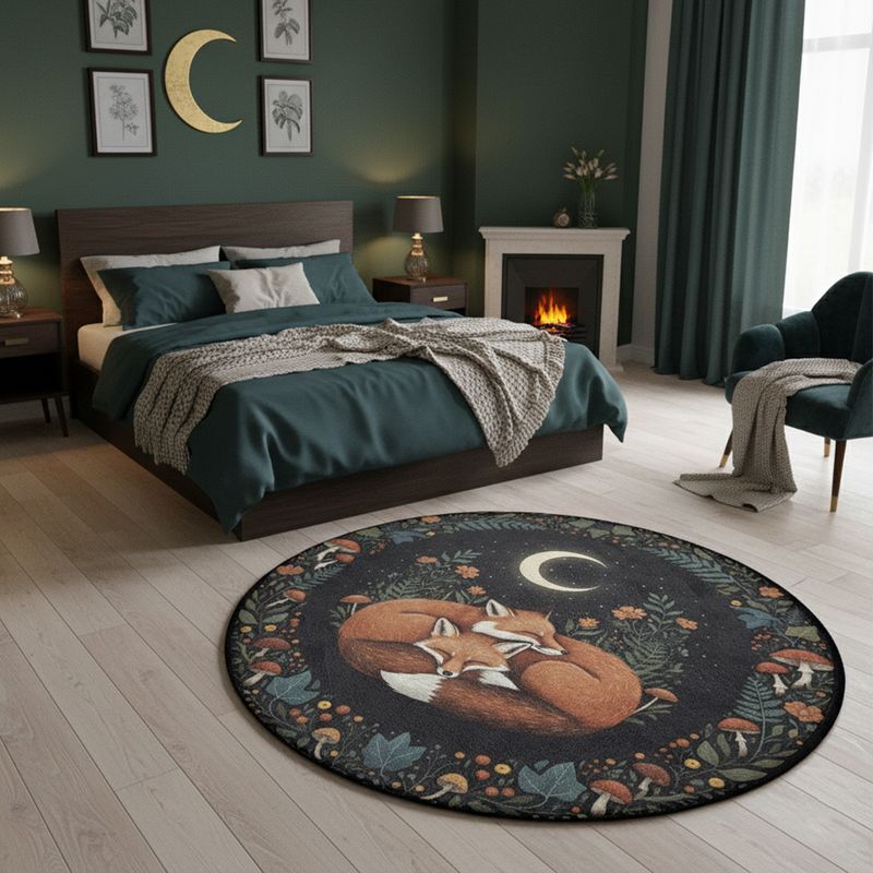Round rug with fox couple &amp; forest motif