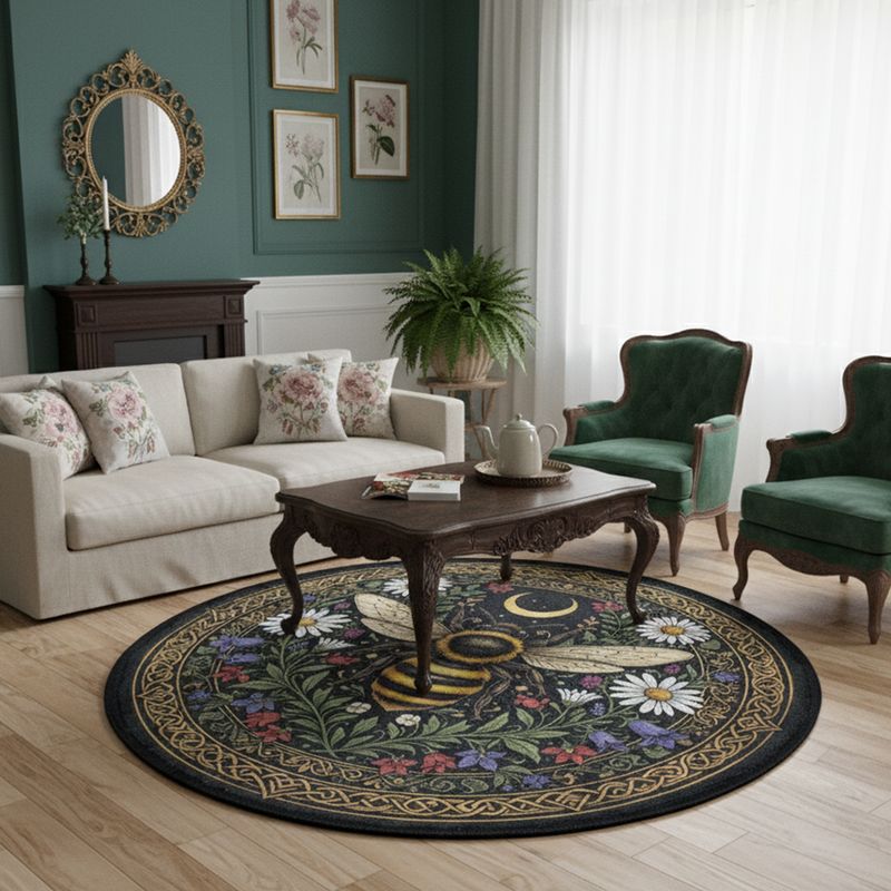 Round rug with bees &amp; flowers design